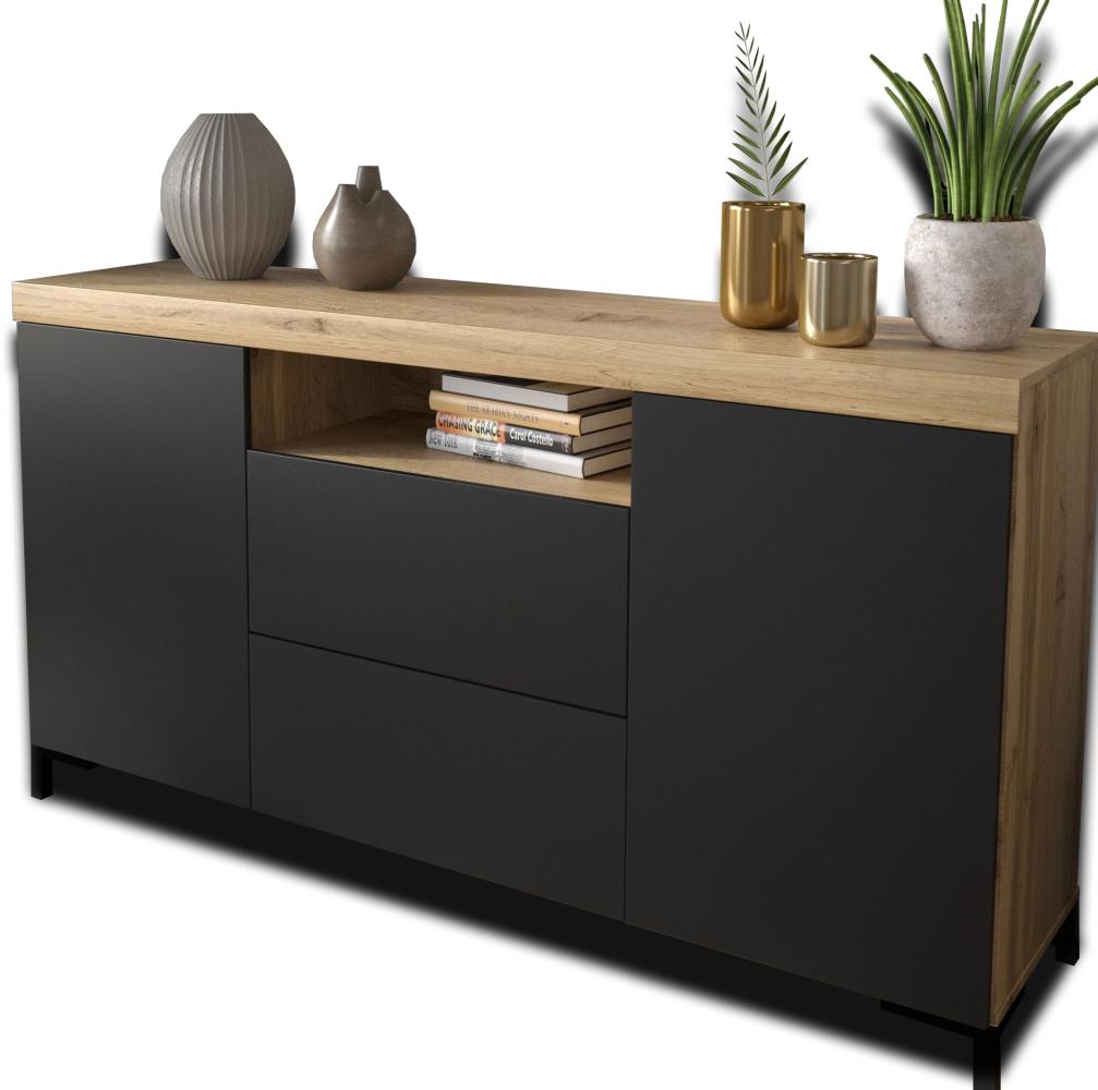 Domando Sideboard Ravello M2 Modern für Wohnzimmer Breite 164cm, Push-to-open-System, hohe schwarze Füße in Wotan Eiche und Schwarz Matt Bild 1