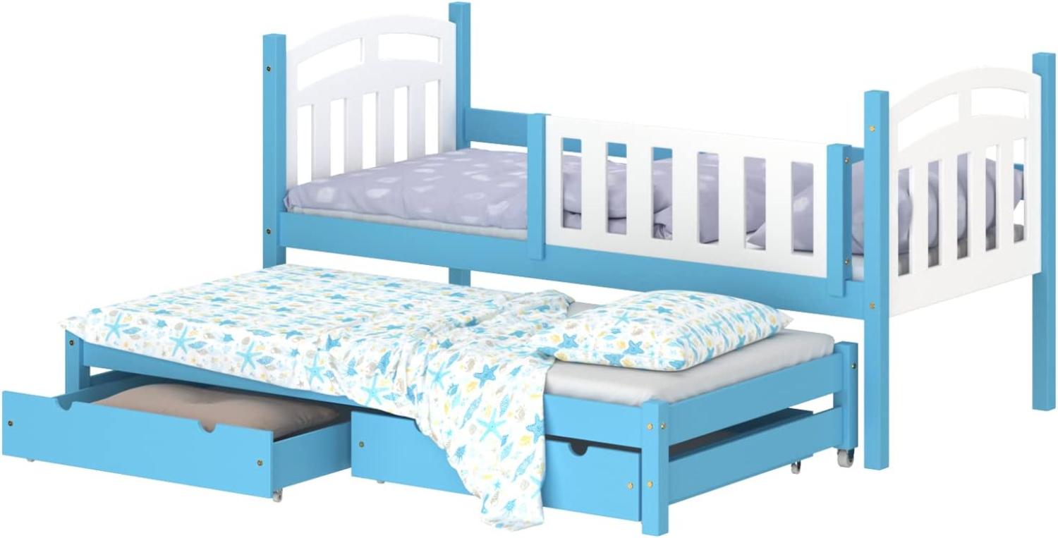 WNM Group Kinderbett Ausziehbar mit Rausfallschutz und Lattenrost Suzie - aus Massivholz - Ausziehbett für Mädchen und Jungen - Bett mit 2 Schubladen - Funktionsbett 180x90/170x90 cm - Blau Bild 1