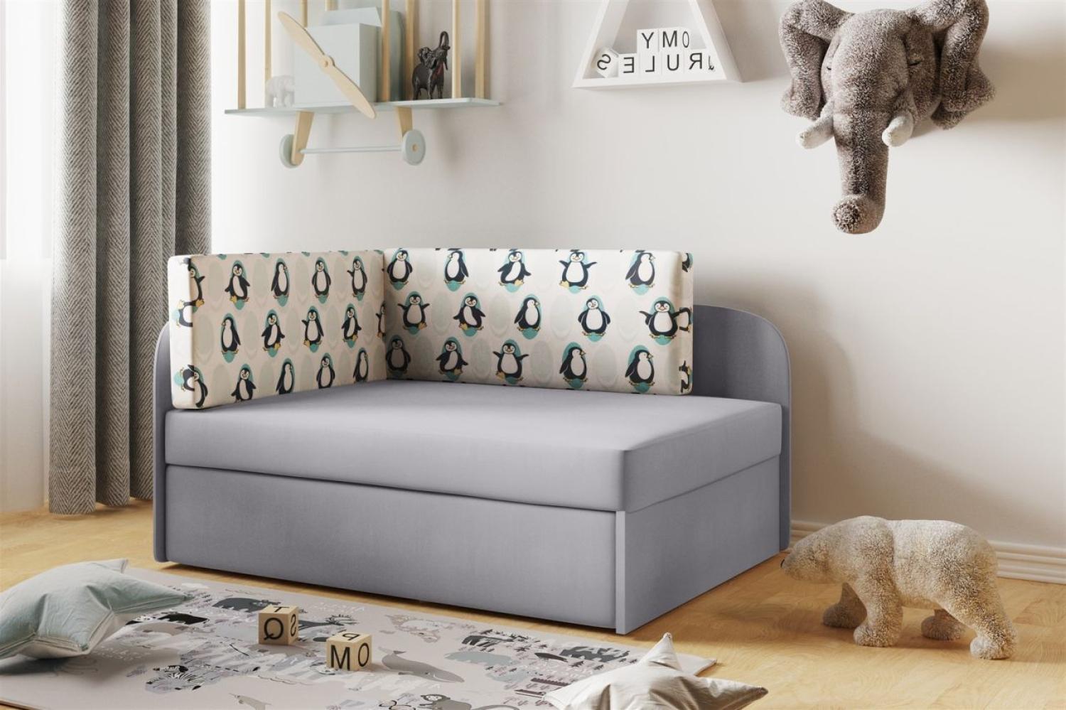 Sofa Kindersofa Schlafsofa inkl. Bettkasten MAILO Seite Rechts Stoff Grau-Pinguine Bild 1