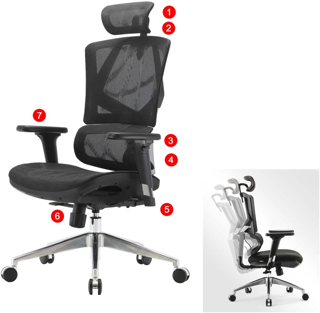SIHOO Bürostuhl Schreibtischstuhl ergonomisch, Lordosenstütze hohe Rückenlehne 3D-Armlehnen ~ Mesh schwarz Bild 1