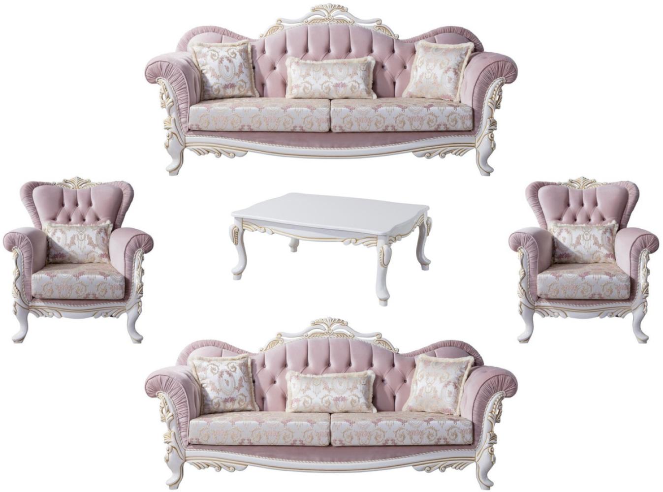 Casa Padrino Luxus Barock Wohnzimmer Set Rosa / Silber / Weiß / Gold - 2 Sofas & 2 Sessel & 1 Couchtisch - Edle Wohnzimmer Möbel im Barockstil Bild 1