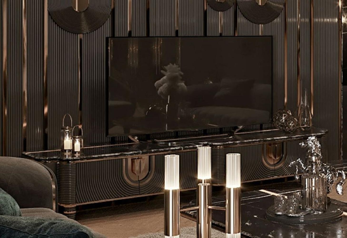 Casa Padrino Luxus TV Schrank Grau / Gold / Schwarz 250 x 52 x H. 50 cm - Massivholz Sideboard mit edler Kunstmarmor Platte - Wohnzimmer Möbel - Luxus Möbel - Luxus Einrichtung Bild 1