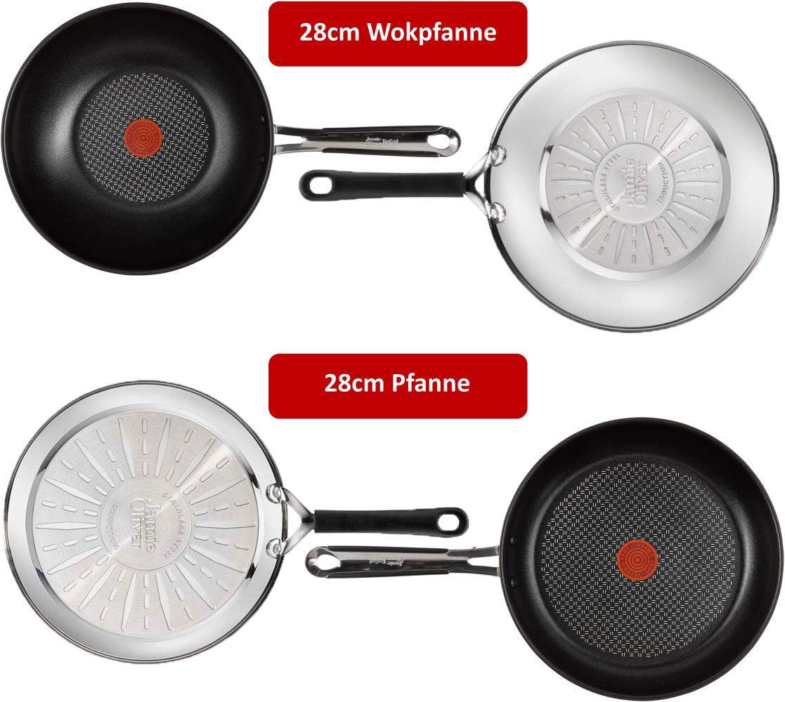 TEFAL E30 Jamie Oliver 5Tlg. Pfannenset (Edelstahl, Beschichtung: Titanium) 20 cm + 25 cm Schmorpfanne mit Deckel + Pfannenschoner und Wender Bild 1