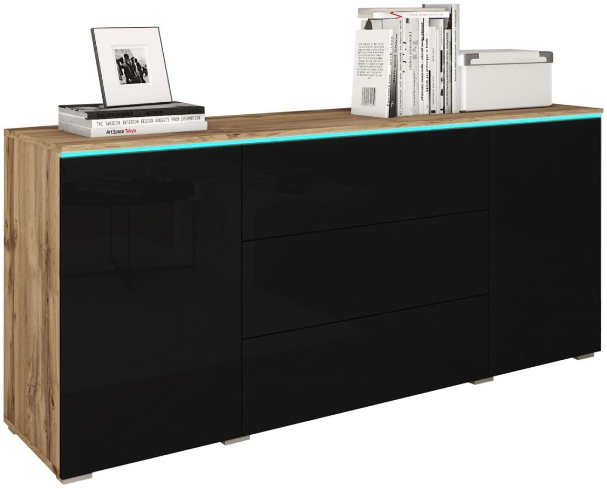 Kommode Sideboard Vera 150x39,5x68cm Wotan Eiche schwarz hochglanz 2-türig grifflos Bild 1