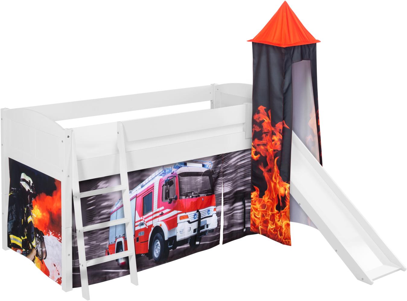 Lilokids 'Ida 4106' Spielbett 90 x 200 cm, Feuerwehr, Kiefer massiv, mit Turm, Rutsche und Vorhang Bild 1