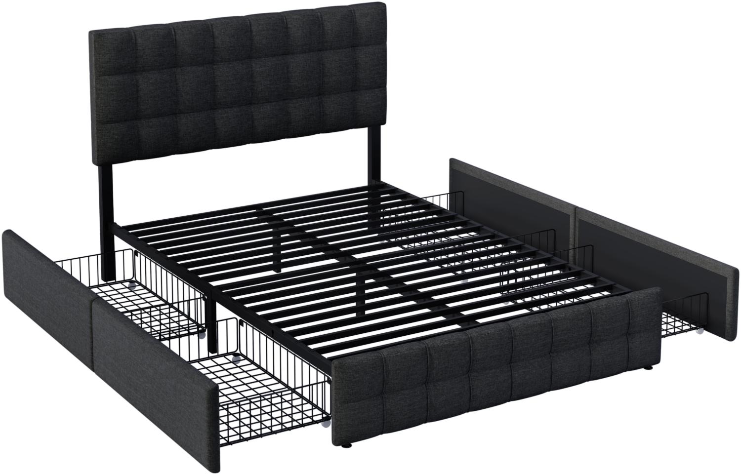Merax Stauraumbett Polsterbett 140x200 Doppelbett aus Leinen mit Höhenverstellbares Kopfteil & 4 Schubladen & Metalllatten Schwarz Bild 1