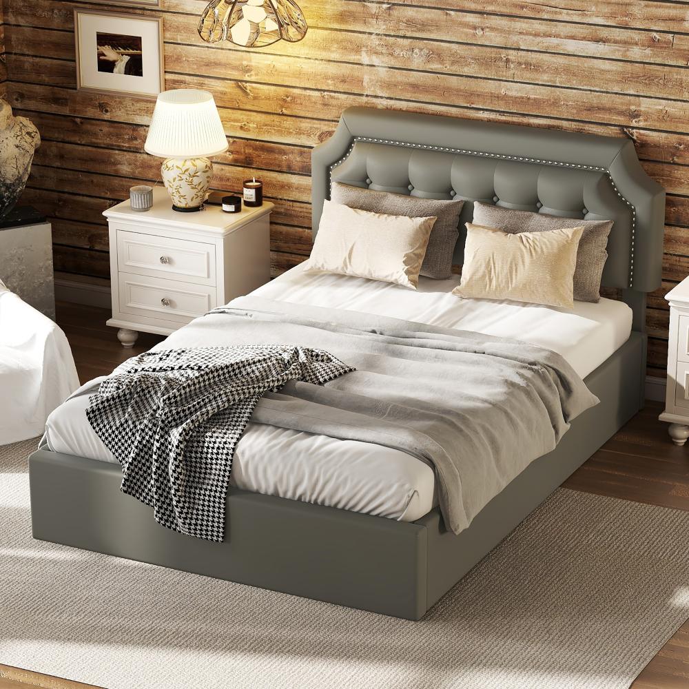 Merax 140*200cm Flachbett, Polsterbett, hydraulisches Zwei-Wege-Bett, minimalistisches Design, stilvolle Polsterung, Grau Bild 1