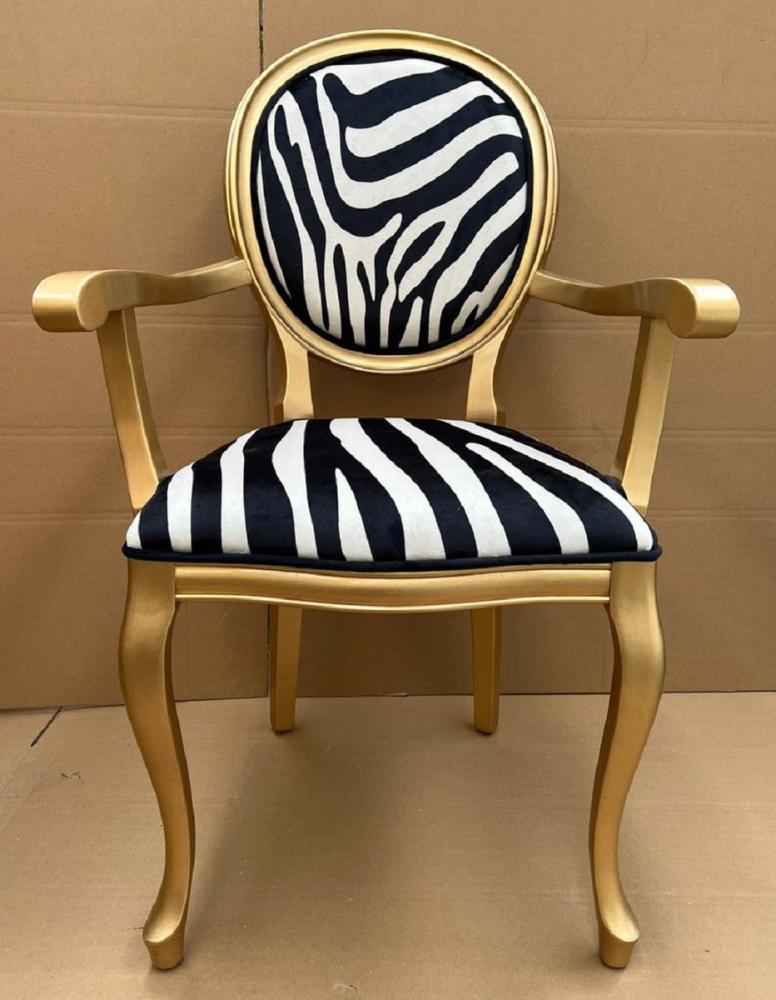 Casa Padrino Luxus Barock Esszimmer Stuhl Zebra / Gold - Handgefertigter Barockstil Stuhl mit Armlehnen und edlem Samtstoff - Esszimmer Möbel im Barockstil Bild 1