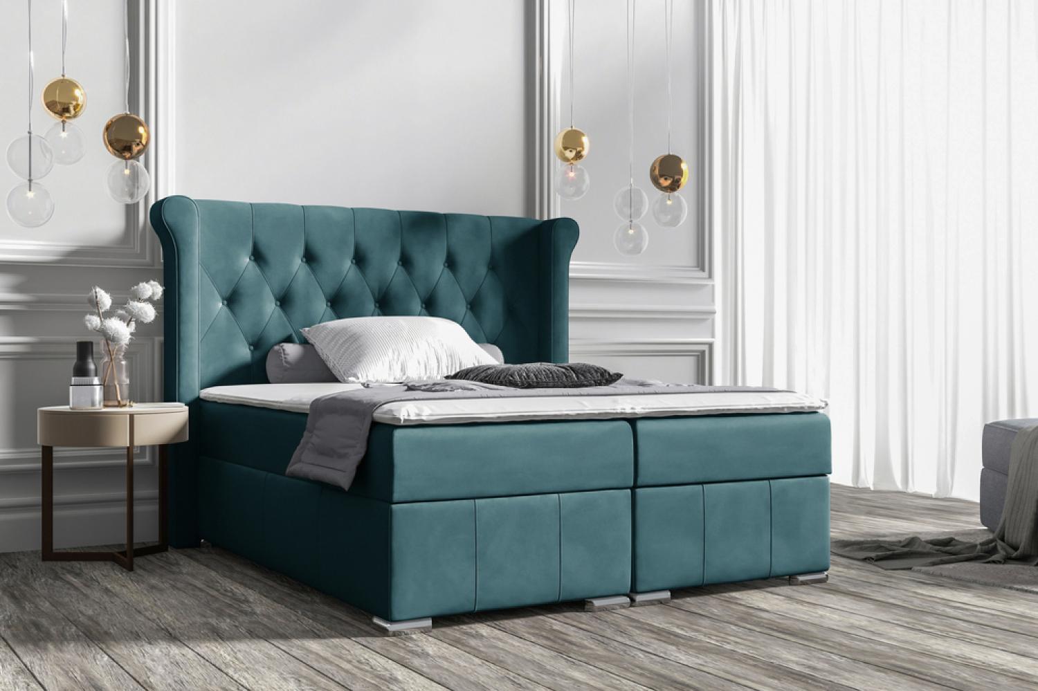 Stylefy 'Alonzo' Boxspringbett, Velours Jasmine Türkis 200 x 200 cm Bild 1