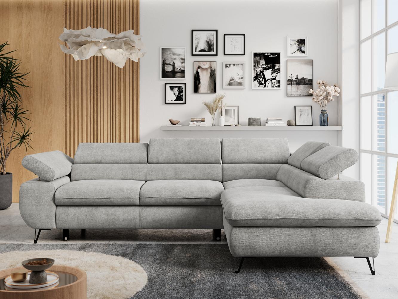 Ecksofa mit Bettfunktion, Modern Sofa, L-form, Einstellbare Kopfstützen, Bettkasten - PETER - Hellgrau Stoff - rechts Bild 1