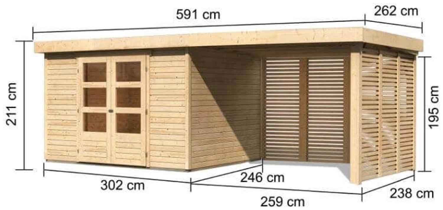 Gartenhaus Askola 5, 302 x 246 cm inkl Anbaudach 2,40 mit Lamellenwänden, 19 mm Holz naturbelassen Bild 1