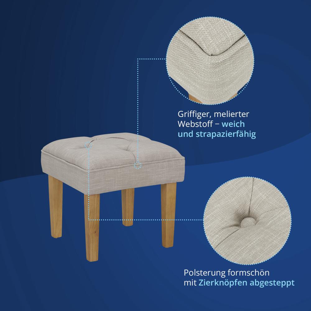 KHG Hocker Relax-Möbel grau, BxHxT - 40 x 40 x 40 cm - Sitzfläche gesteppt mit Zierknöpfen, Massivholz Hockerbeine - Bezug aus robustem meliertem Webstoff Bild 1
