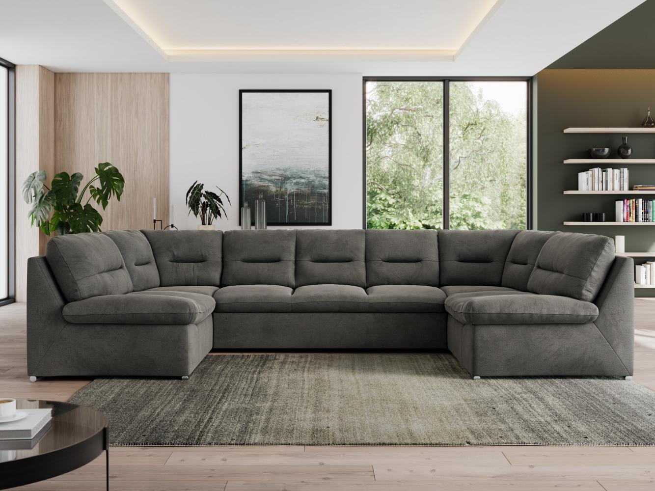 U-förmige Ecksofa, Bigsofa mit schlaffunktion, Wohnlandschaft XXL - MORBIDO U - Dunkelgrau Velours - Topper T25 Bild 1