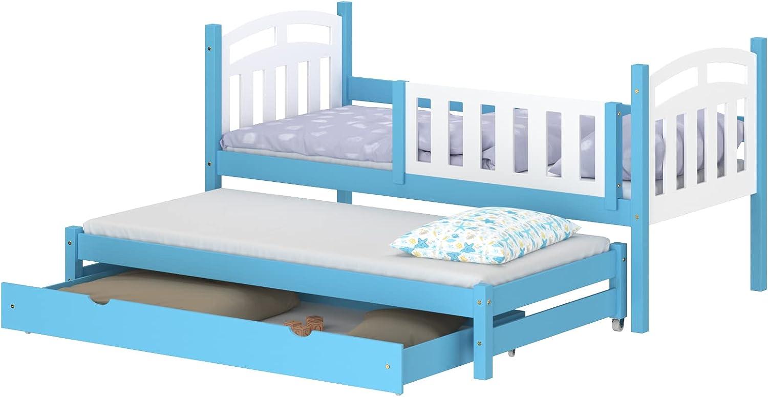 WNM Group Kinderbett Ausziehbar mit Rausfallschutz Suzie - aus Massivholz - Ausziehbett für Mädchen und Jungen - Bett mit Schublade - Funktionsbett 190x80 / 180x80 cm - Blau Bild 1