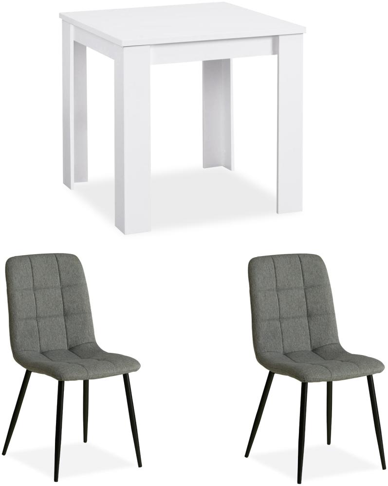 Essgruppe mit 2 Stühlen Leinen Polsterstühle Grau Esstisch Weiß 80x80 cm Esszimmertisch Holz Massiv Bild 1