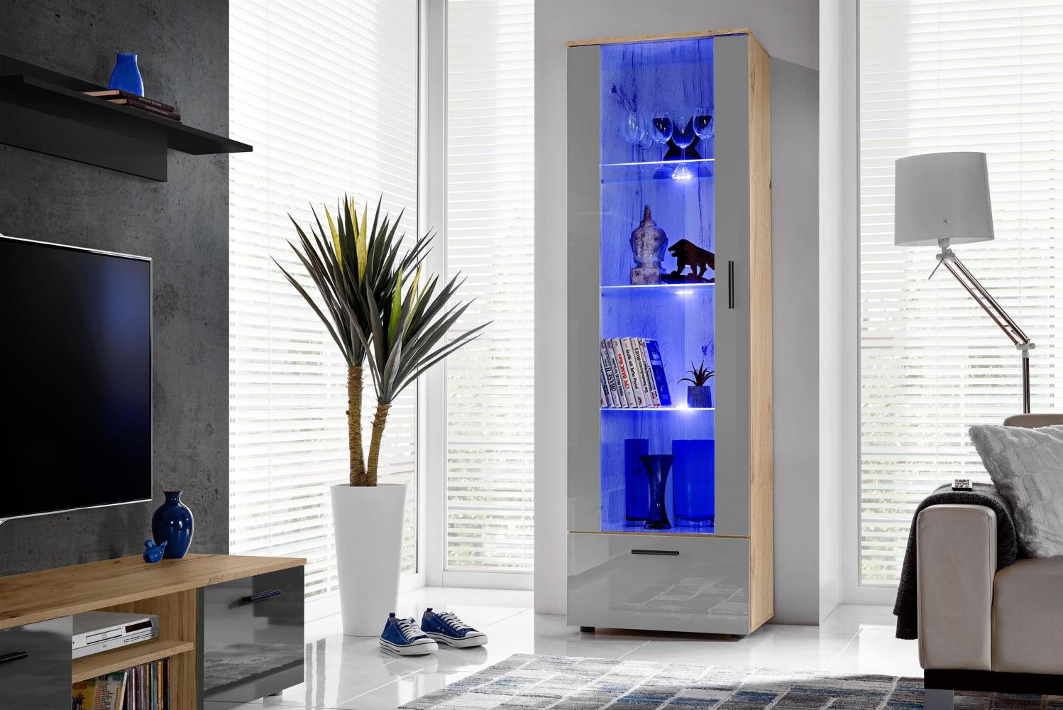 99rooms Teka Vitrine III Wotan Eiche Grau Hochglanz ohne LED-Beleuchtung Bild 1