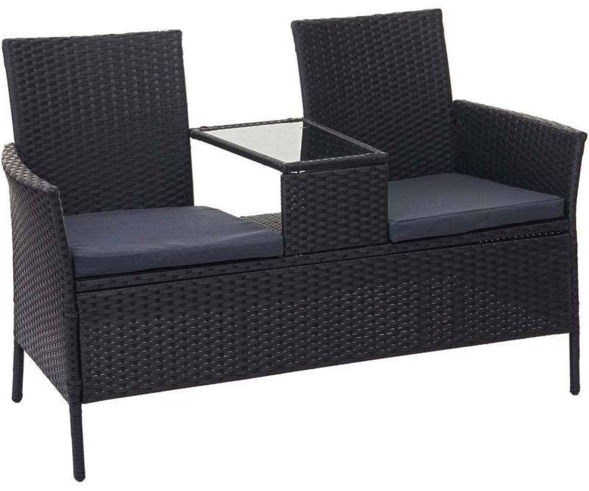 HHG Poly-Rattan Sitzbank mit Tisch 243, Gartenbank Sitzgruppe Gartensofa, 132cm schwarz, Kissen dunkelgrau - HHG Bild 1