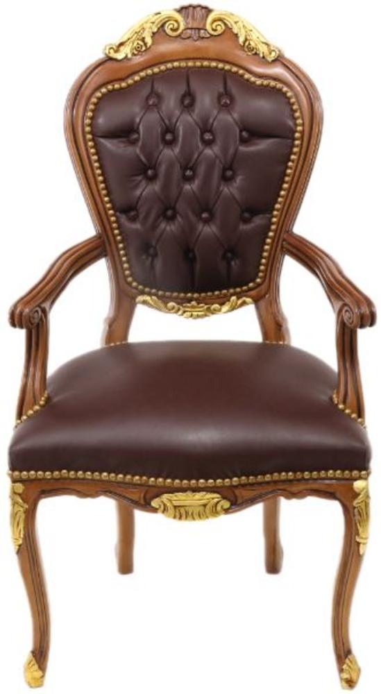 Casa Padrino Barock Luxus Echtleder Esszimmerstuhl mit Armlehne Braun Mahagoni - Antik Stil - Möbel Bild 1