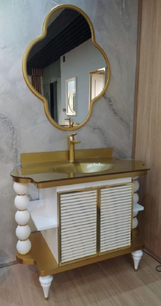 Casa Padrino Barock Badezimmer Set Weiß / Gold - 1 Waschtisch mit Glas Waschbecken & 1 Wandspiegel - Barock Badezimmer Möbel Bild 1