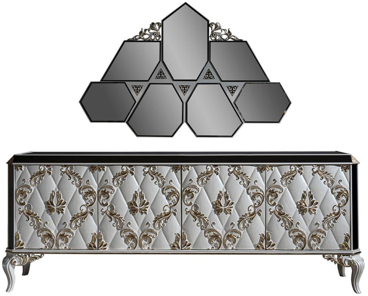 Casa Padrino Luxus Barock Möbel Set Sideboard mit Spiegel Weiß / Gold / Schwarz - Edler Massivholz Schrank mit elegantem Wandspiegel - Möbel im Barockstil Bild 1