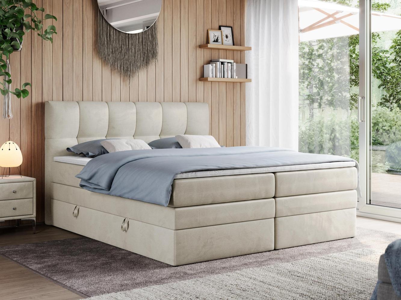 Boxspringbett mit Doppelmatratze - ALVIN-KING Beige 160 x 200 cm Velours Mittelfest (H3) Bild 1