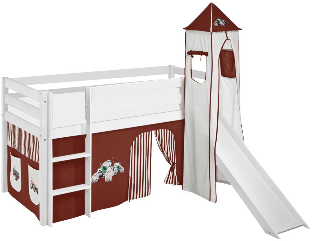 Lilokids 'Jelle' Spielbett 90 x 200 cm, Trecker Braun Beige, Kiefer massiv, mit Turm, Rutsche und Vorhang Bild 1