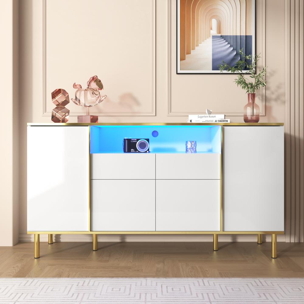 Merax Sideboard, hochglänzende weiße Kommode mit 2 Schubladen, Kommode, Schlafzimmerkommode, hochglänzendes weißes Sideboard – B150/T40/H80cm, Weiß Bild 1