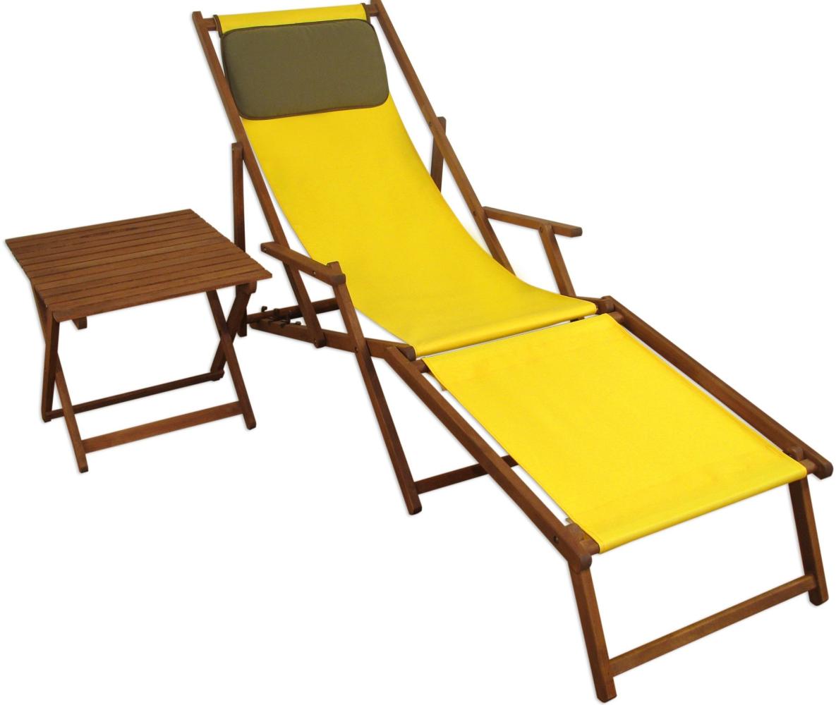 Liegestuhl gelb Fußablage Tisch Kissen Deckchair Sonnenliege Gartenliege Holz 10-302 F T KD Bild 1