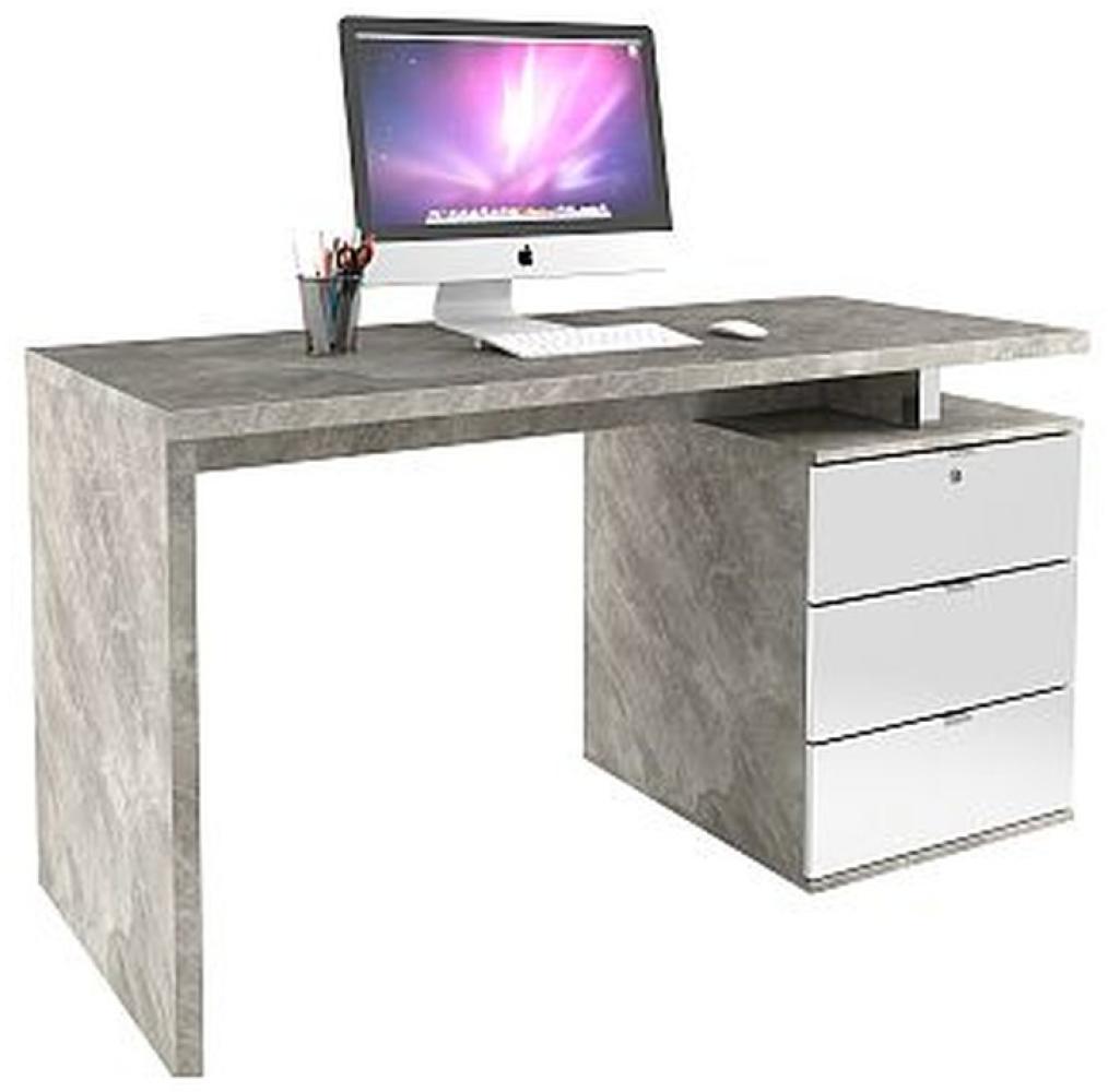 Schreibtisch Computertisch mit abschließbarer Klappe, 140 x 75 x 60 cm Betonoptik- Hochglanz weiß Bild 1