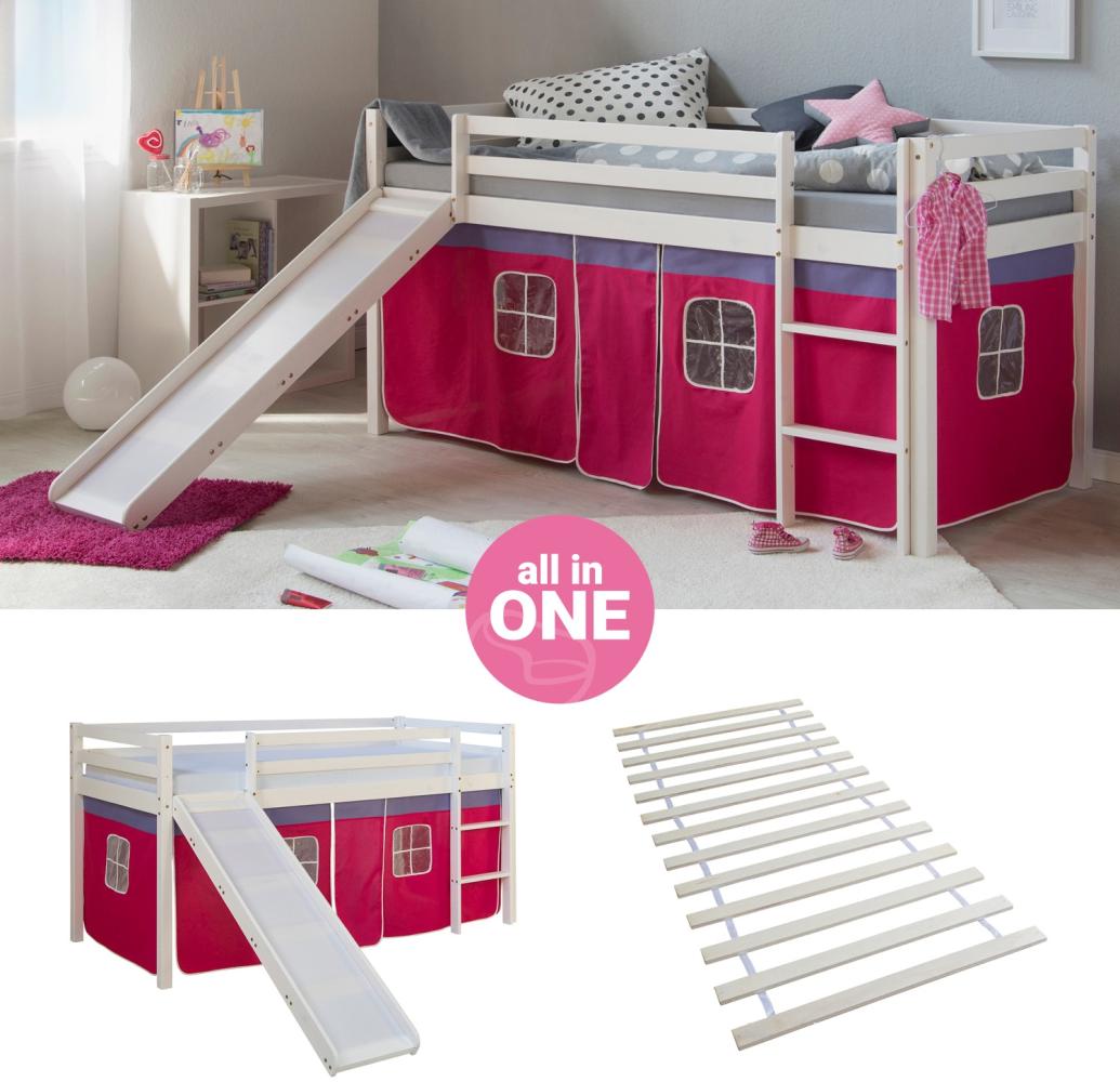 Hochbett mit Lattenrost 90x200 Rutsche Stockbett Kinderbett Holz Kiefer Vorhang pink Spielbett Bild 1