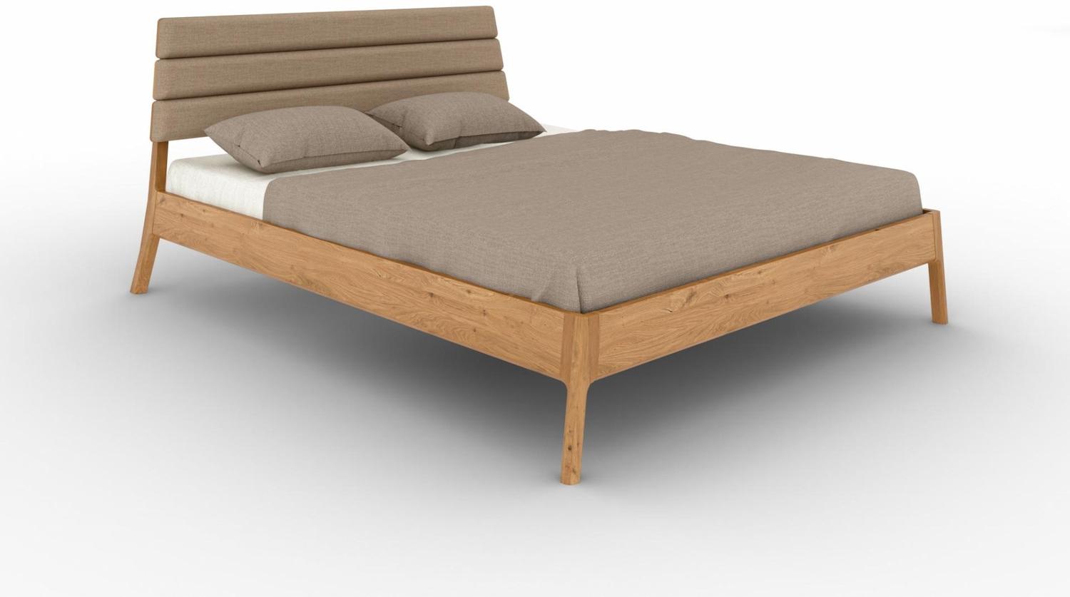 Bett Swig 2 Sonderlänge 160x220 Wildeiche massiv Polsterkopfteil Beige Holzbeine Bild 1