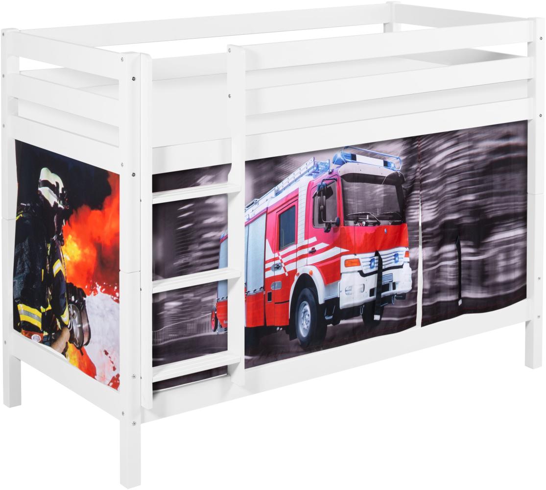 Lilokids 'Jelle' Etagenbett 90 x 190 cm, Feuerwehr, Kiefer massiv, mit Vorhang und Lattenroste Bild 1