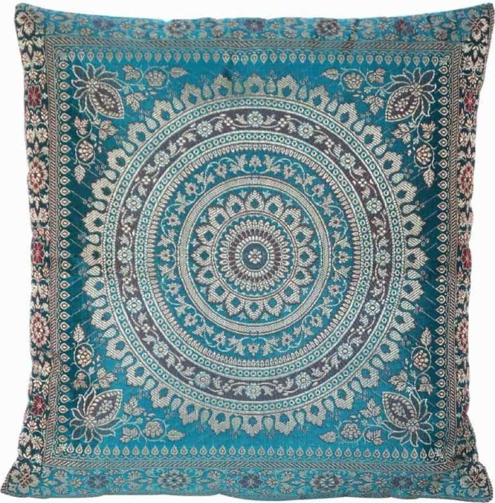 Handgewebter indischer Banarasi Seide Deko-Kissenbezug mit Extravaganten Mandala Design in Türkis – 40 cm x 40 cm Bild 1