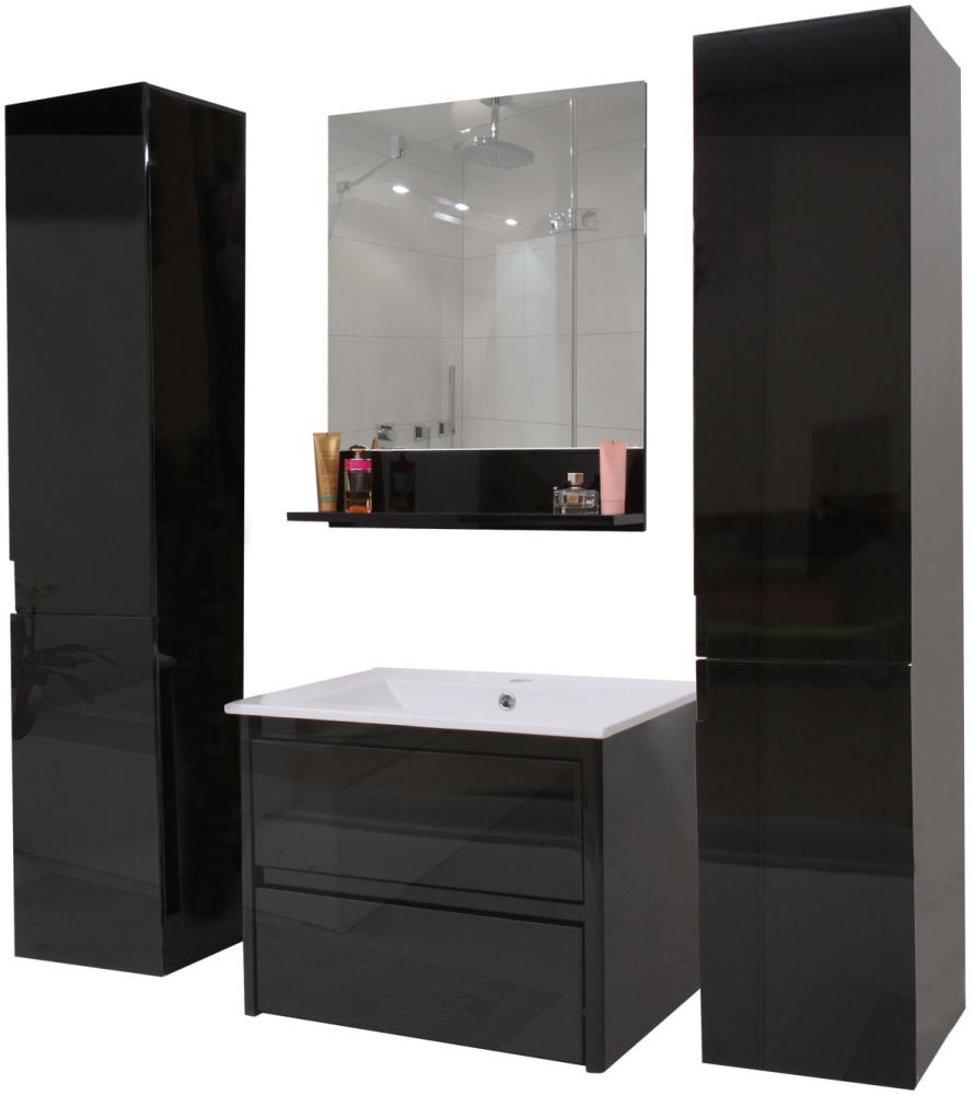 Badezimmerset HWC-B19, Waschtisch Wandspiegel 2x Hängeschrank, hochglanz ~ schwarz Bild 1