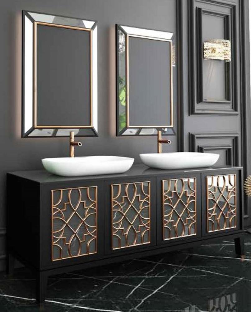 Casa Padrino Luxus Badezimmer Set Schwarz / Gold / Weiß - 1 Waschtisch mit 4 Türen und 2 Waschbecken und 2 Wandspiegel Bild 1