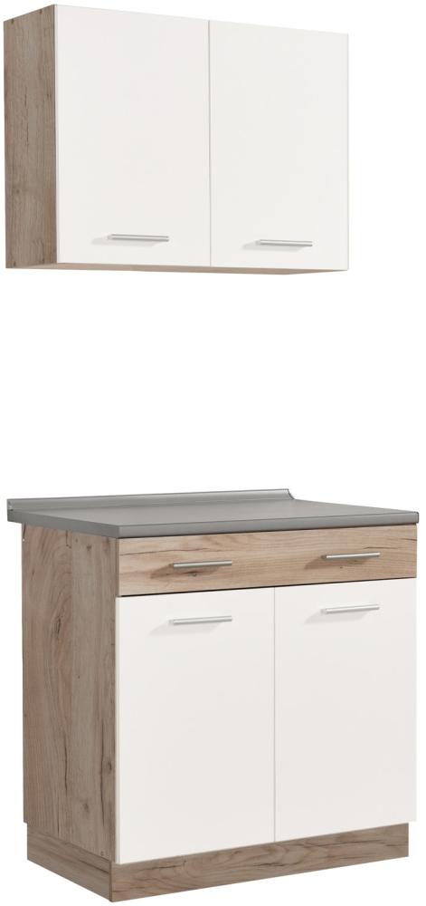 Moderne Küchenzeile, Hängeschrank und Unterschrank, Weiß/Eiche/Grau, ohne Geräte, 80 cm Bild 1