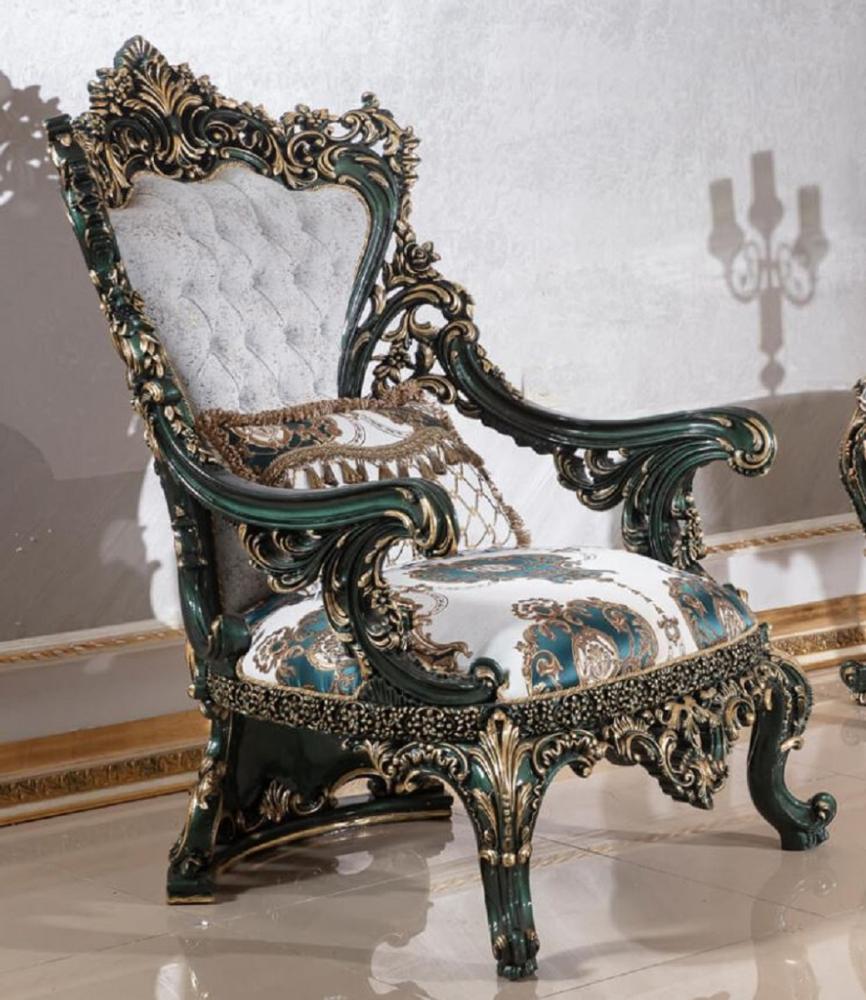 Casa Padrino Luxus Barock Sessel Weiß / Mehrfarbig / Grün / Gold - Prunkvoller Wohnzimmer Sessel mit elegantem Muster - Barock Wohnzimmer & Hotel Möbel - Edel & Prunkvoll Bild 1