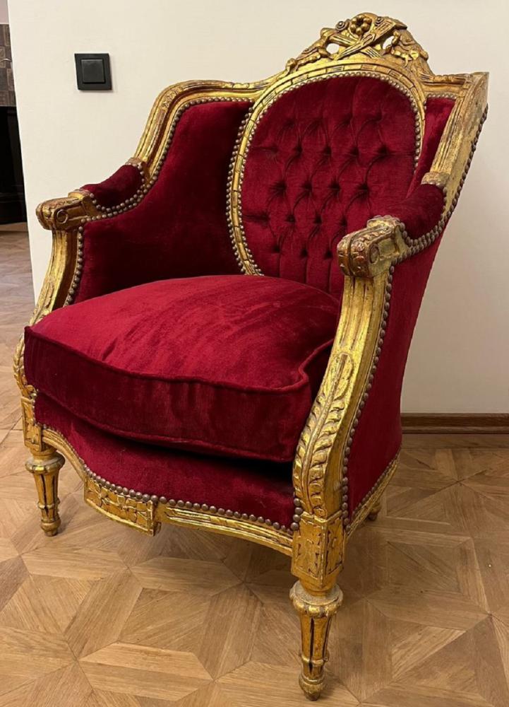 Casa Padrino Barock Wohnzimmer Sessel Bordeauxrot / Antik Gold - Handgefertigter Antik Stil Wohnzimmer Sessel - Wohnzimmer Möbel - Barock Möbel - Edel & Prunkvoll Bild 1