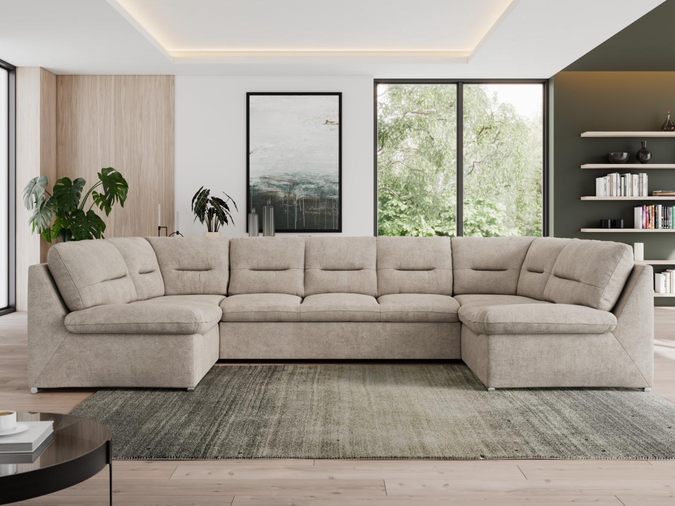 U-förmige Ecksofa, Bigsofa mit schlaffunktion, Wohnlandschaft XXL - MORBIDO U - Beige Stoff - Topper T25 Bild 1