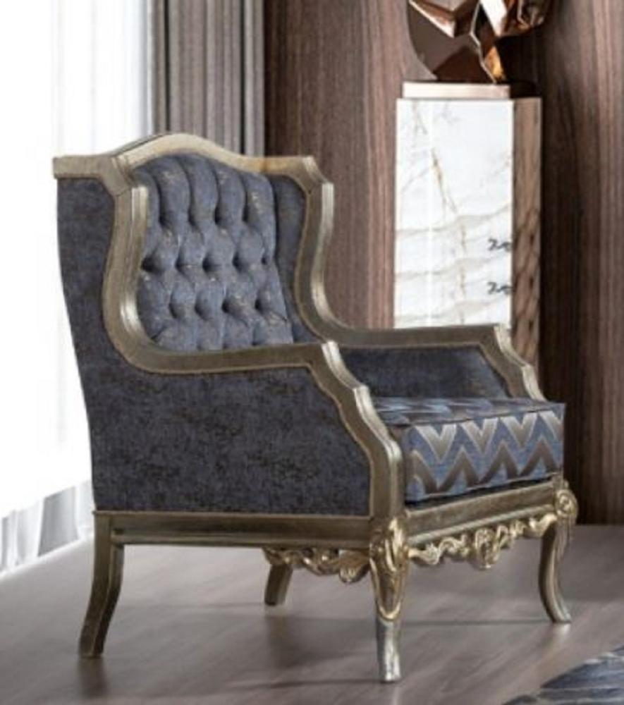 Casa Padrino Luxus Barock Ohrensessel Blau / Silber / Gold - Handgefertigter Wohnzimmer Sessel im Barockstil - Barock Wohnzimmer Möbel Bild 1