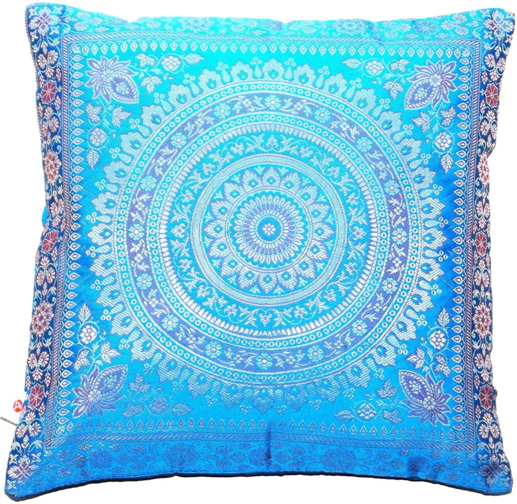Handgewebter indischer Banarasi Seide Deko-Kissenbezug mit Extravaganten Mandala Design in Türkis-Blau - 40 cm x 40 cm Bild 1