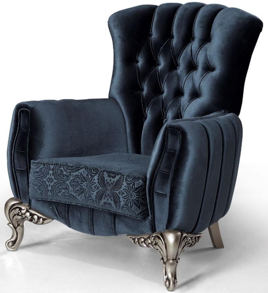 Casa Padrino Luxus Barock Sessel Blau / Silber 91 x 86 x H. 104 cm - Wohnzimmer Sessel mit elegantem Muster - Barock Möbel Bild 1
