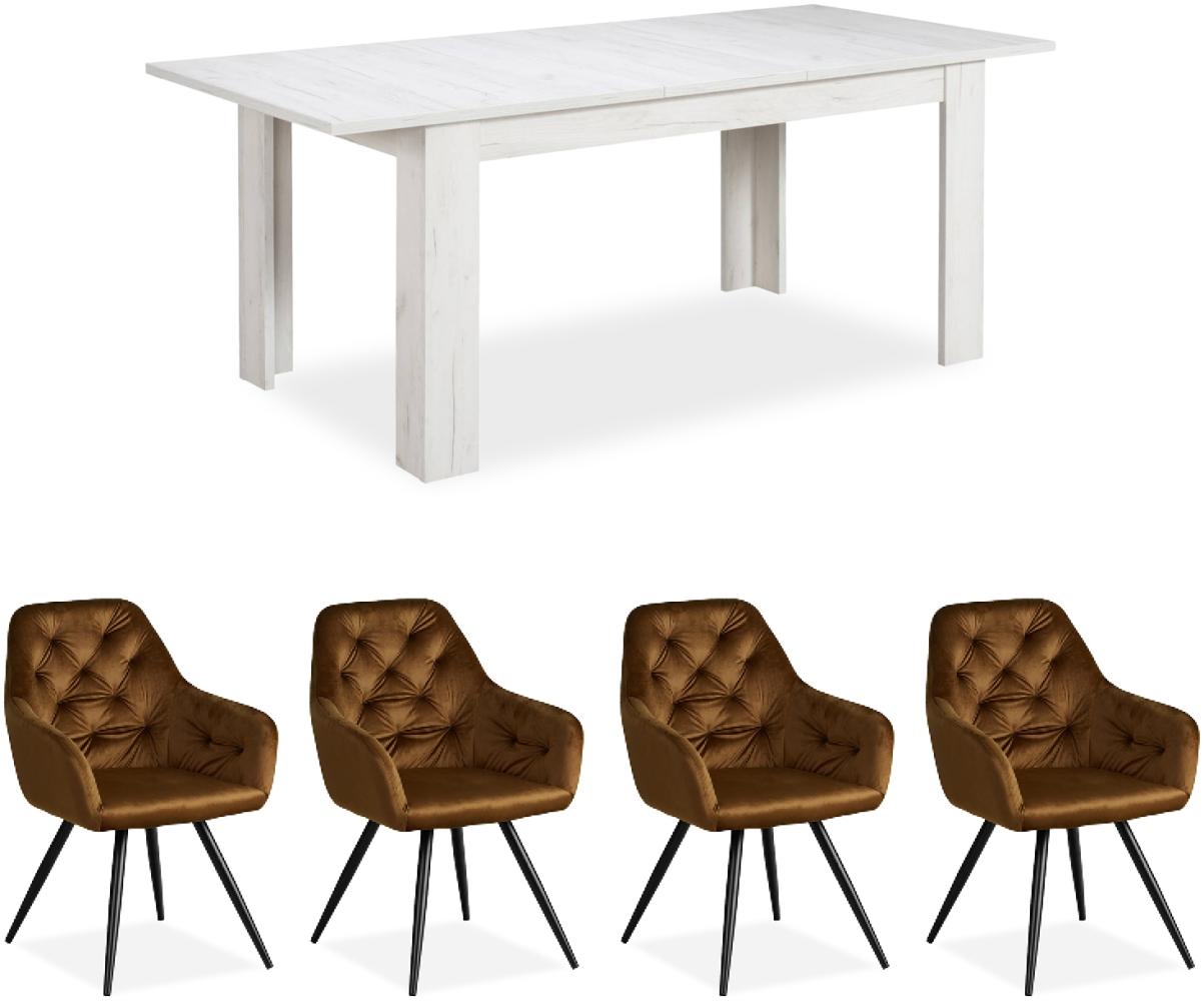 Homestyle4u Essgruppe mit Holztisch und 4 Polsterstühlen, Massivholz weiß / Samt braun, B/T/H: 160,5 - 200,5 x 90,5 x 76,5 cm Bild 1