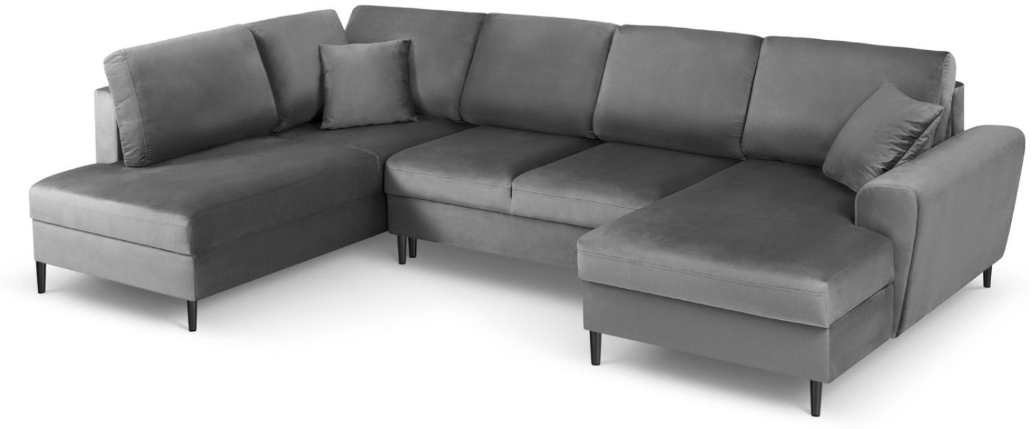 Micadoni 7-Sitzer Samtstoff Panorama Sofa Links mit Box und Schlaffunktion Moghan | Bezug Light Grey | Beinfarbe Black C. Bild 1