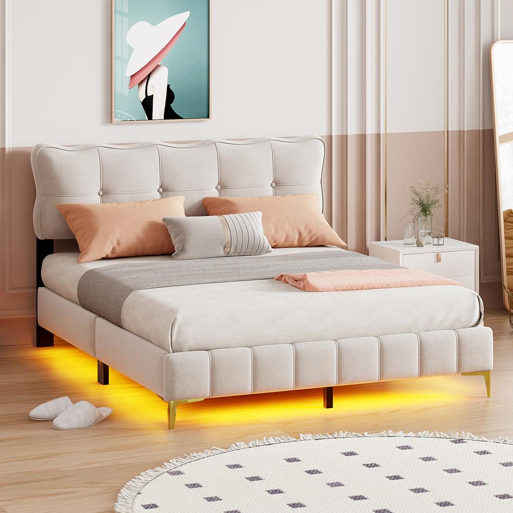 Merax Polsterbett 160 x 200 cm, Doppelbett mit LED-Leuchten Samtstoff hohe Metallfüße Beige (ohne Matratze) Bild 1