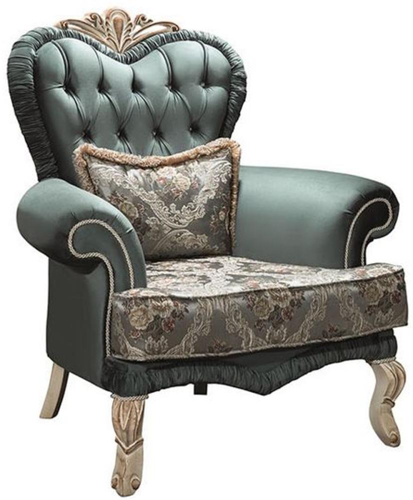 Casa Padrino Luxus Barock Wohnzimmer Sessel mit Glitzersteinen und dekorativem Kissen Grün / Creme / Beige 100 x 80 x H. 110 cm - Möbel im Barockstil Bild 1