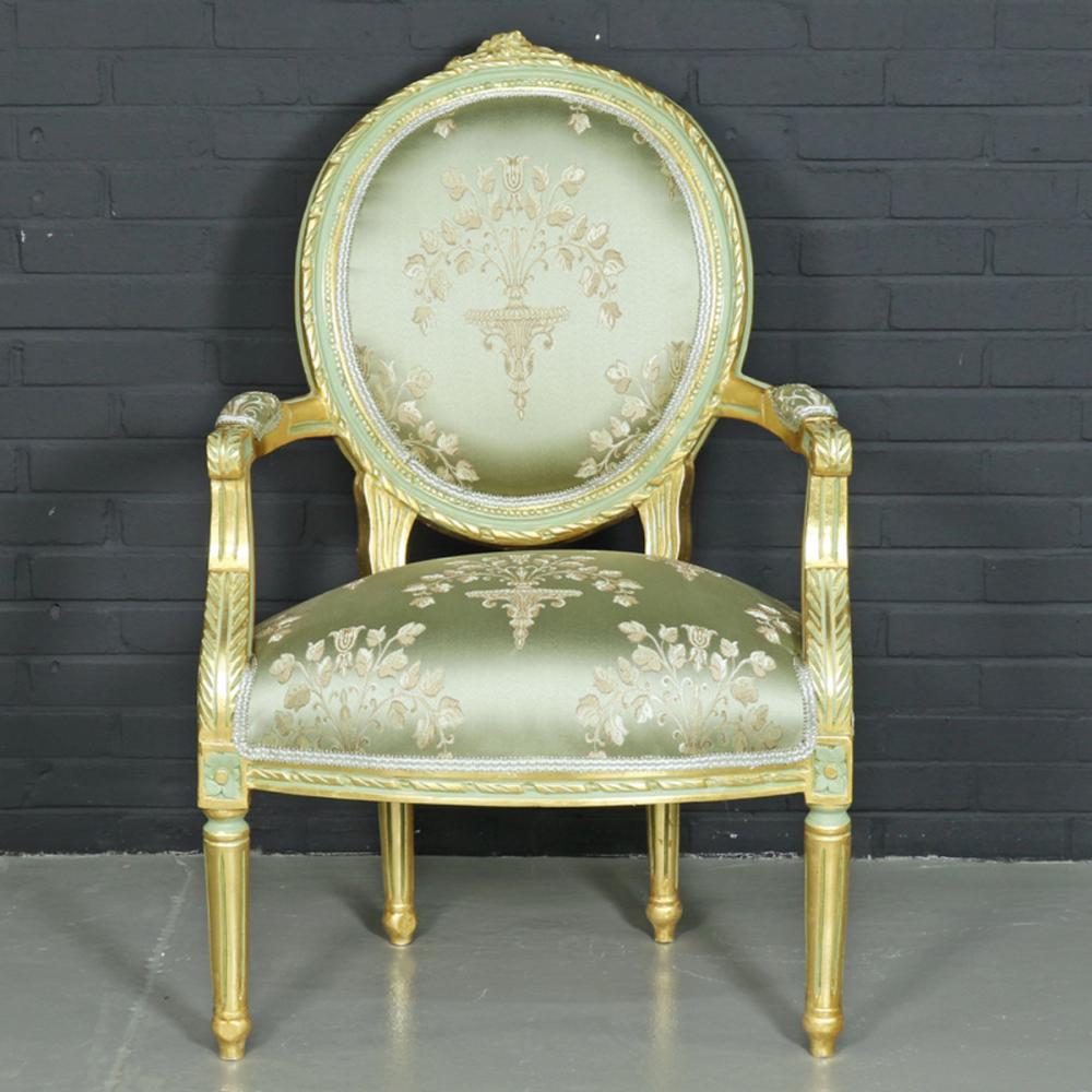 Casa Padrino Barock Salon Stuhl "Medaillon" Mod2 mit Armlehnen Hellgrün / Gold - Antikstil Stuhl Bild 1