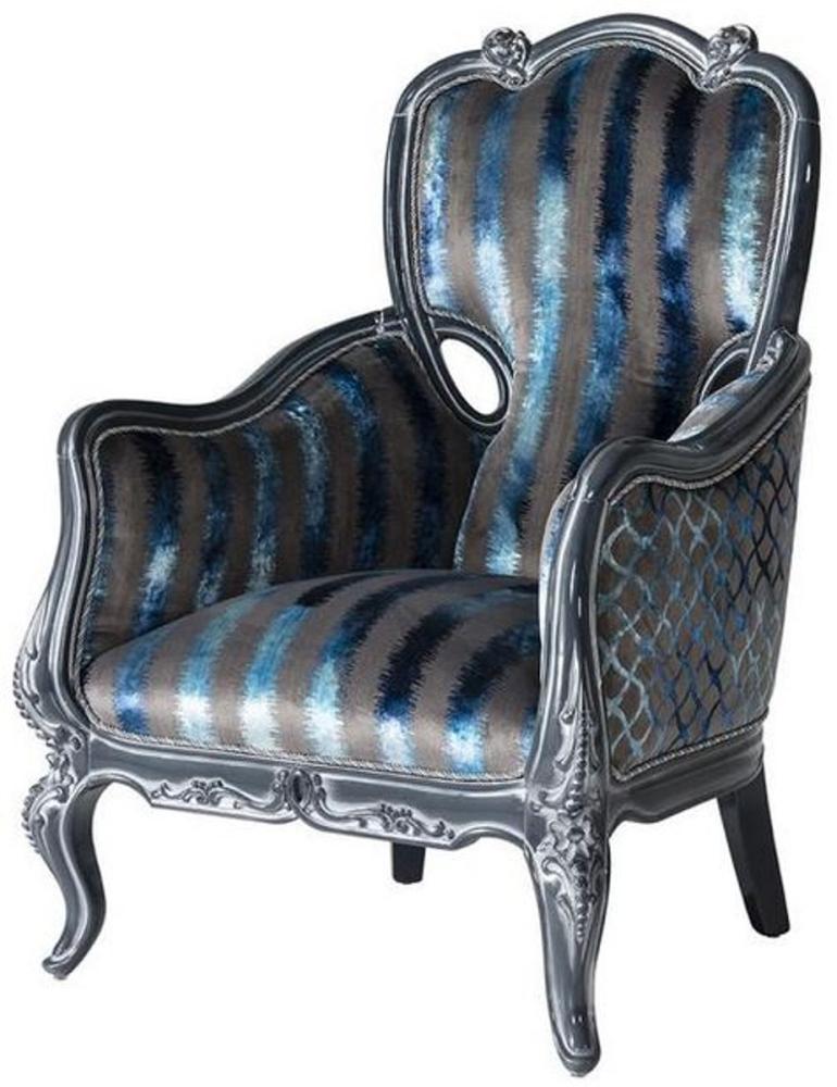 Casa Padrino Luxus Barock Wohnzimmer Sessel Grau / Blau / Grau 80 x 80 x H. 116 cm - Edler Massivholz Sessel mit Streifen - Barockstil Wohnzimmer Möbel Bild 1