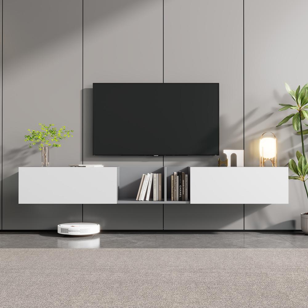 Merax Extra großer weißer TV-Ständer, Länge 220 cm, hängend, mit 2 Türen und 2 offenen Einlegeböden, für 90 TV - Hängender TV-Ständer, niedriger Schrank für das Wohnzimmer Bild 1