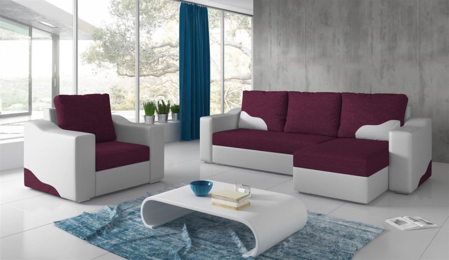 Couchgarnitur COLLIN Ottomane Rechts + Sessel Weiß / Violett Bild 1